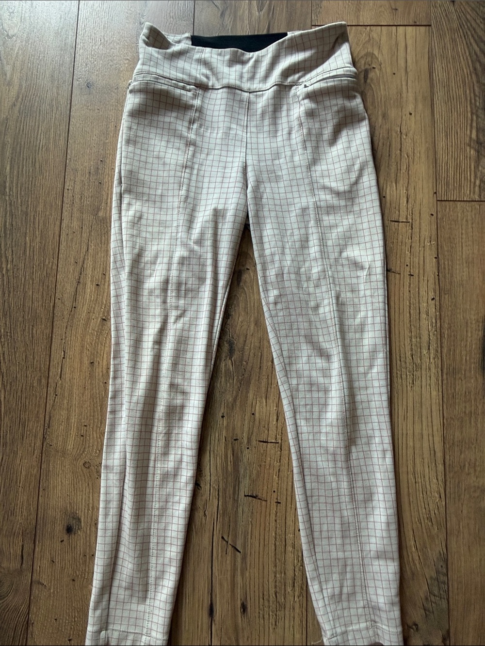Betabrand Cream Skinny Grid-Print Pull-On Pants FLAW